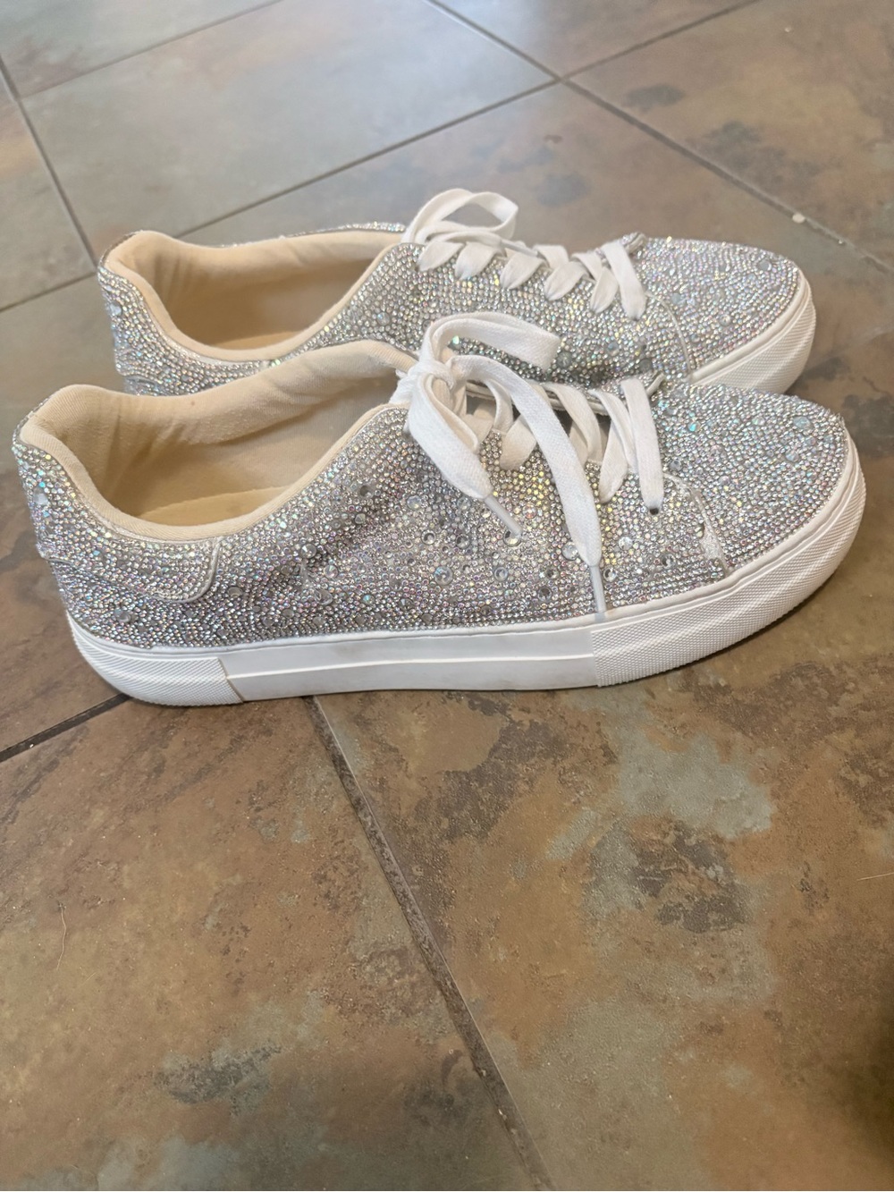 Betsey Johnson Crystal-Embellished White and Iridescent Sneakers